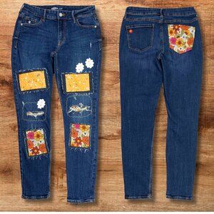 Old Navy Patched Boho Jeans Hippie Flower Distressed Yellow 70s Womens 8